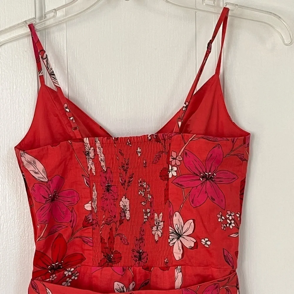 Banana Republic Cropped Linen Cotton Wide Leg Cropped Jumpsuit Red Floral Size 2